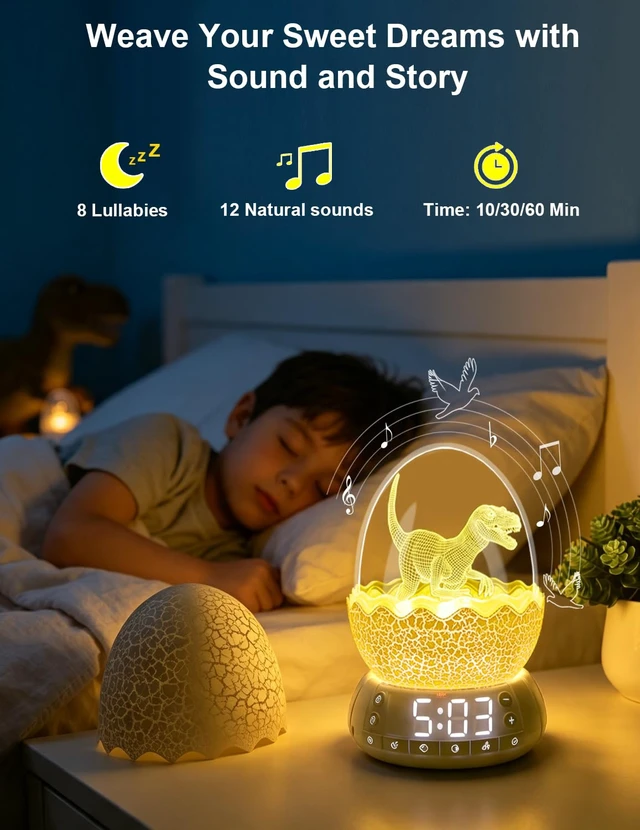 Alt view image 5 of 7 - Upgraded Dinosaur Egg Alarm Clock with White Noise Machine & APP Control | Egg Light with 20 Soothing Sounds, Bluetooth Speaker, Sleep Trainer, Dimmable Display for Bedroom, Gifts for Kids Adults
