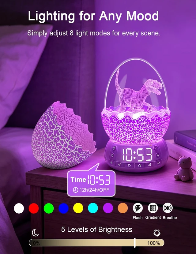 Alt view image 6 of 7 - Upgraded Dinosaur Egg Alarm Clock with White Noise Machine & APP Control | Egg Light with 20 Soothing Sounds, Bluetooth Speaker, Sleep Trainer, Dimmable Display for Bedroom, Gifts for Kids Adults