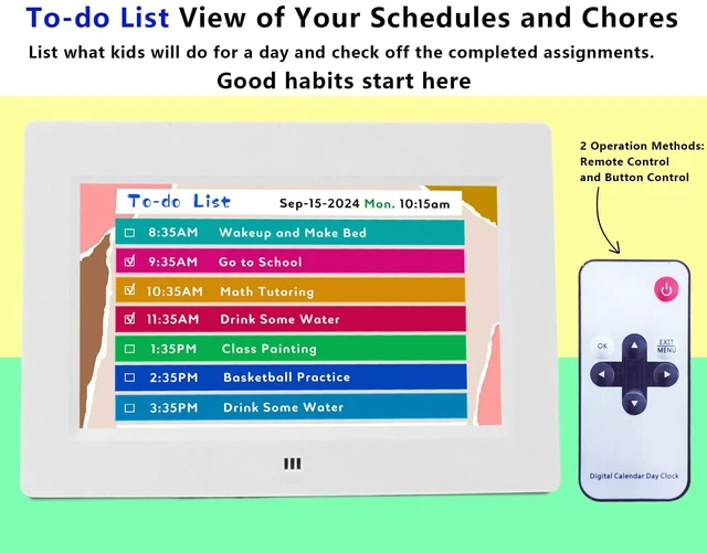 Alt view image 5 of 6 - MASSII Digital Teaching Clock Talking Time, 24 Alarms Custom Reminders, Checklist to-Do List, Auto DST & Calendar Display, Sleep Trainer, Easy to Use for Kids Birthday Gift- White with Remote