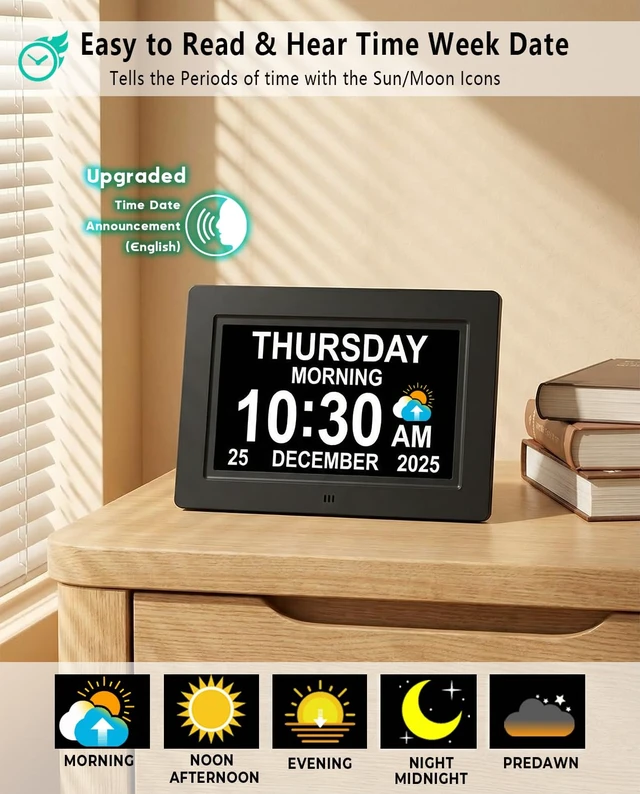 Alt view image 2 of 7 - MASSII 27 Alarms Digital Talking Clock with Time Date Announcement, Auto DST, 20 Custom Reminders, 10-Level Dimmer, Sleep Trainer, Large Day Calendar Clock for Elderly Dementia Alzheimers -with Remote