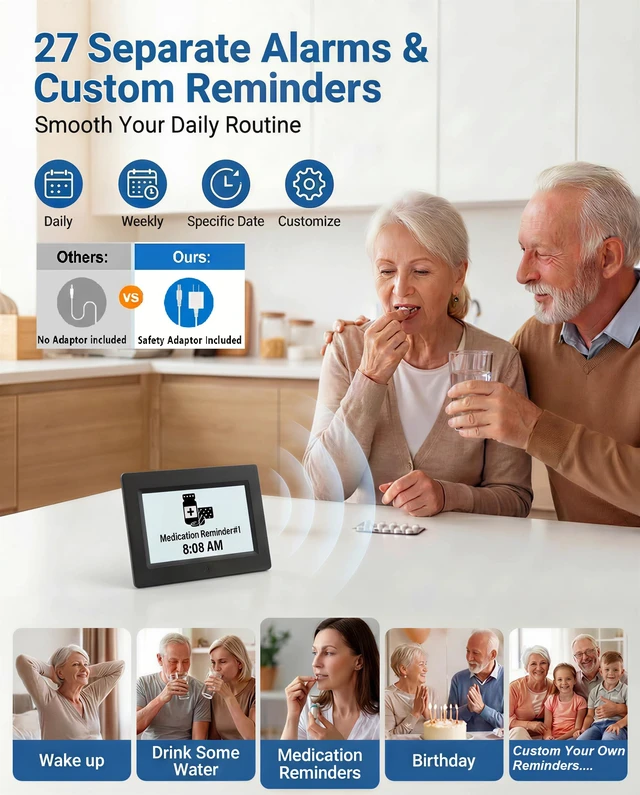 Alt view image 4 of 7 - MASSII 27 Alarms Digital Talking Clock with Time Date Announcement, Auto DST, 20 Custom Reminders, 10-Level Dimmer, Sleep Trainer, Large Day Calendar Clock for Elderly Dementia Alzheimers -with Remote