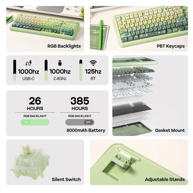 Alt view image 3 of 7 - KiiBoom Phantom98 Lite 96% Wireless Mechanical Gaming Keyboard, VIA Custom | Creamy Keyboard with Gasket, 8000mAh Battery, Hot Swap, RGB Backlits, NKRO for Win/Mac (Green, Mossy Silent Switch)