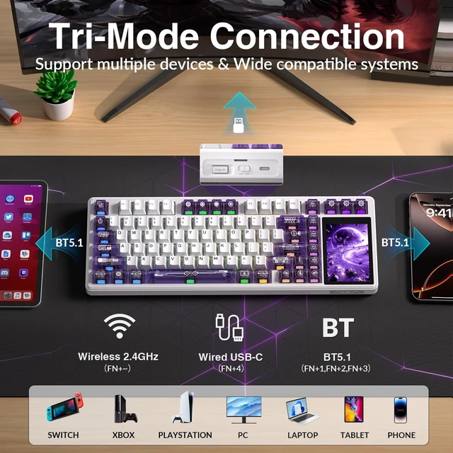 Alt view image 6 of 7 - Aula L99 Wireless Mechanical Gaming Creamy Keyboard with Smart Touch Screen | Tri-Mode Hot Swappable Custom Keyboard,RGB Backlit,PBT Keycap,Gasket Mount Creamy Sounding Keyboards for Office PC,84 Keys
