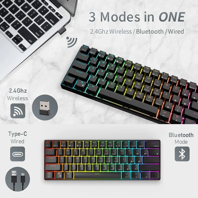 Alt view image 3 of 7 - RK ROYAL KLUDGE RK61 Wireless Mechanical Keyboard, 60% Percent RGB, Black | 60% RGB Gaming Keyboard with Bluetooth/2.4GHz/Wired, Hot Swappable 61 Keys Ultra-Compact for Win/Mac/PC, Linear Red Switch
