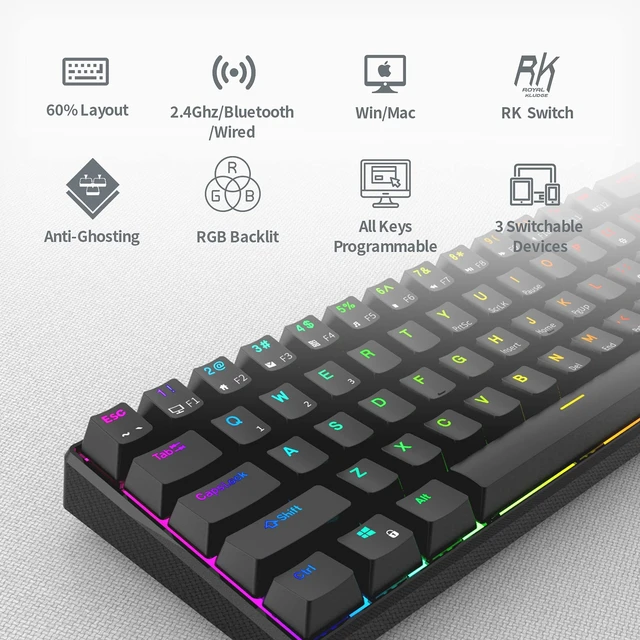 Alt view image 2 of 7 - RK ROYAL KLUDGE RK61 Wireless Mechanical Keyboard, 60% Percent RGB, Black | 60% RGB Gaming Keyboard with Bluetooth/2.4GHz/Wired, Hot Swappable 61 Keys Ultra-Compact for Win/Mac/PC, Linear Red Switch