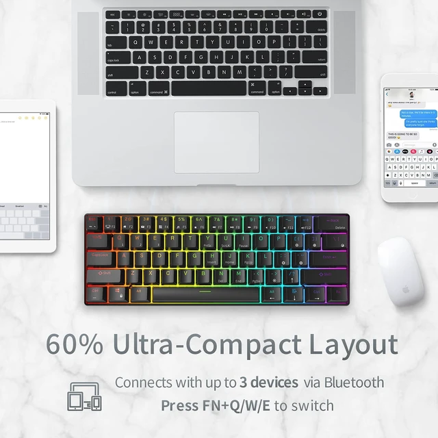Alt view image 4 of 7 - RK ROYAL KLUDGE RK61 Wireless Mechanical Keyboard, 60% Percent RGB, Black | 60% RGB Gaming Keyboard with Bluetooth/2.4GHz/Wired, Hot Swappable 61 Keys Ultra-Compact for Win/Mac/PC, Linear Red Switch