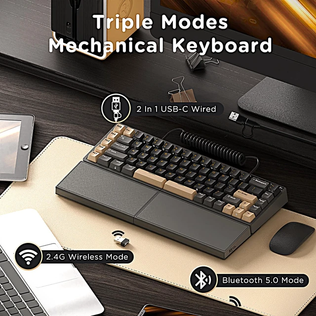 Alt view image 3 of 7 - RK ROYAL KLUDGE S70 Ergonomic Split Keyboard, Linear Creamy Switch Black | Wireless RGB Mechanical Keyboard with Bluetooth/2.4G/Wired, 75% Hot Swappable Gaming w/Fixed Wrist Rest, PBT Keycaps, Win/Mac