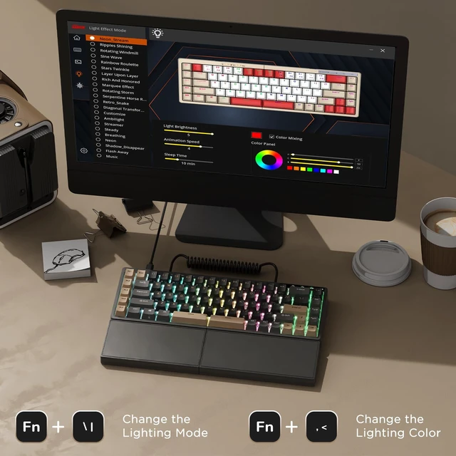 Alt view image 5 of 7 - RK ROYAL KLUDGE S70 Ergonomic Split Keyboard, Linear Creamy Switch Black | Wireless RGB Mechanical Keyboard with Bluetooth/2.4G/Wired, 75% Hot Swappable Gaming w/Fixed Wrist Rest, PBT Keycaps, Win/Mac