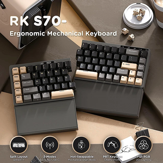 Alt view image 2 of 7 - RK ROYAL KLUDGE S70 Ergonomic Split Keyboard, Linear Creamy Switch Black | Wireless RGB Mechanical Keyboard with Bluetooth/2.4G/Wired, 75% Hot Swappable Gaming w/Fixed Wrist Rest, PBT Keycaps, Win/Mac