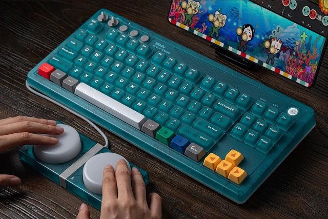 Alt view image 2 of 7 - 8Bitdo Retro 87 Mechanical Keyboard for Windows PC & Android, Clear Blue | Hot-Swappable PCB, Triple-Mode Connectivity, Dual Super Buttons, Cloud Gray Linear Switches, Premium Keycaps