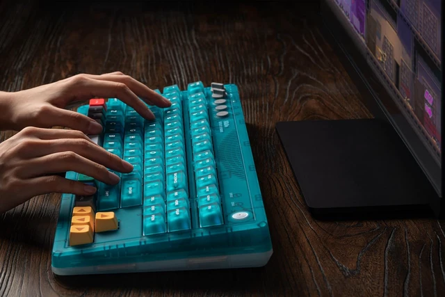 Alt view image 7 of 7 - 8Bitdo Retro 87 Mechanical Keyboard for Windows PC & Android, Clear Blue | Hot-Swappable PCB, Triple-Mode Connectivity, Dual Super Buttons, Cloud Gray Linear Switches, Premium Keycaps