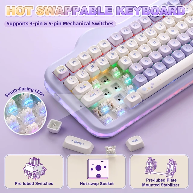 Alt view image 5 of 7 - YUNZII C98 Cute Cake Wireless Mechanical Keyboard(Purple, Milk Switch) | 99 Keys with Number Pad, Hot Swap, PBT MOA Keycaps, BT5.0/2.4G/USB-C, Gasket Mount, Custom RGB Backlit for Win/Mac