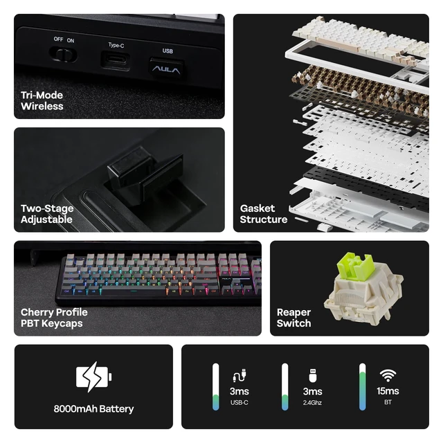 Alt view image 3 of 7 - EPOMAKER X Aula F108 PRO Wireless Gaming Keyboard with Screen | 8000mAh Battery, 104 Hot-Swappable and Programmable Keys and Knob, RGB Backlight, for Mac/PC/Android (Black Gradient)