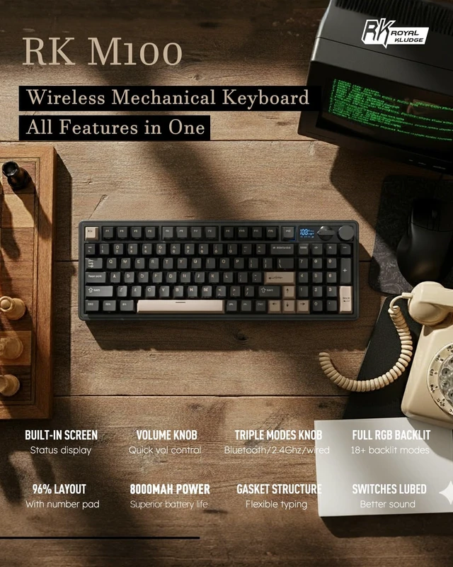 Alt view image 2 of 7 - ROYAL KLUDGE M100 Wireless Mechanical Keyboard with Screen & Knob, Black | Bluetooth/2.4G/USB RGB Gaming Keyboard with Number Pad, Gasket Mount PC Game Keyboards, Full Size Hot Swappable Cream Switch