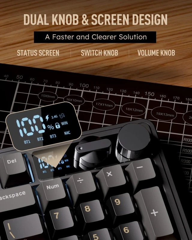Alt view image 3 of 7 - ROYAL KLUDGE M100 Wireless Mechanical Keyboard with Screen & Knob, Black | Bluetooth/2.4G/USB RGB Gaming Keyboard with Number Pad, Gasket Mount PC Game Keyboards, Full Size Hot Swappable Cream Switch