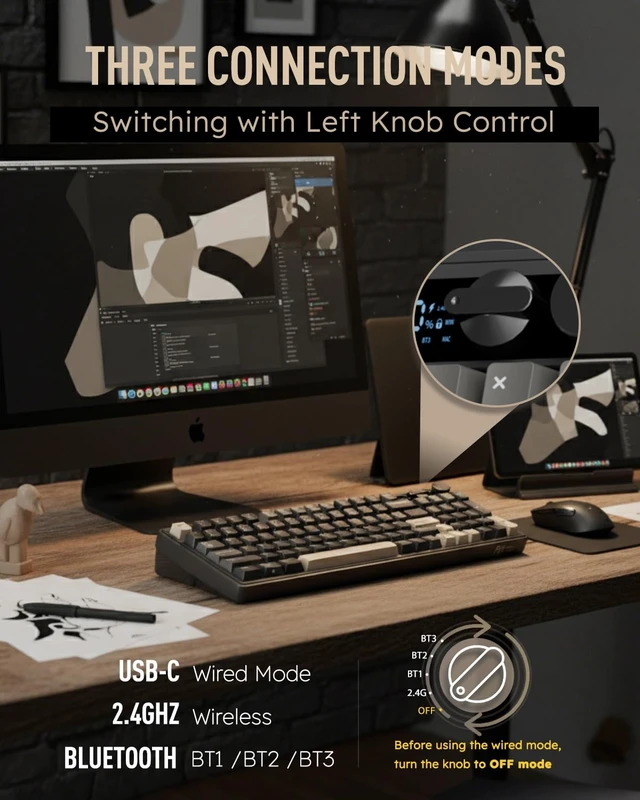Alt view image 4 of 7 - ROYAL KLUDGE M100 Wireless Mechanical Keyboard with Screen & Knob, Black | Bluetooth/2.4G/USB RGB Gaming Keyboard with Number Pad, Gasket Mount PC Game Keyboards, Full Size Hot Swappable Cream Switch
