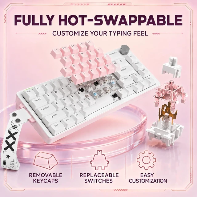 Alt view image 2 of 7 - Gaozen x FURYCUBE 68% Mechanical Gaming Keyboard with RGB Backlit, Wired Keyboard Volume Knob PBT Keycaps,Pre-lubed Linear Switches, Hot-Swap Creamy Keyboard, for FPS Games(White+Pink)