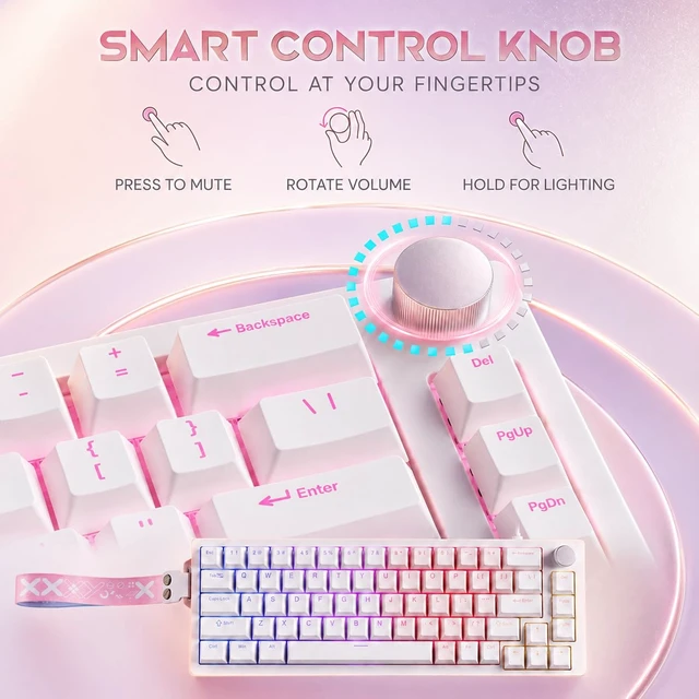 Alt view image 6 of 7 - Gaozen x FURYCUBE 68% Mechanical Gaming Keyboard with RGB Backlit, Wired Keyboard Volume Knob PBT Keycaps,Pre-lubed Linear Switches, Hot-Swap Creamy Keyboard, for FPS Games(White+Pink)