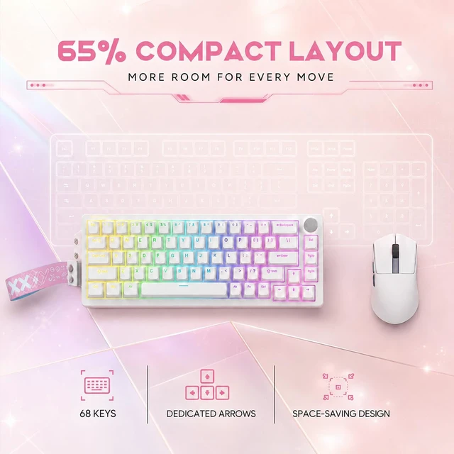 Alt view image 4 of 7 - Gaozen x FURYCUBE 68% Mechanical Gaming Keyboard with RGB Backlit, Wired Keyboard Volume Knob PBT Keycaps,Pre-lubed Linear Switches, Hot-Swap Creamy Keyboard, for FPS Games(White+Pink)
