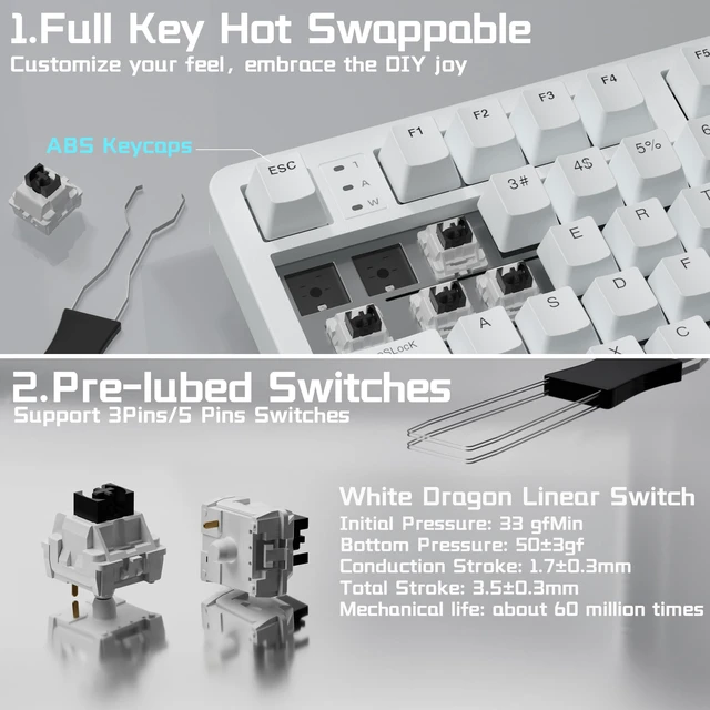 Alt view image 5 of 7 - LEOBOG HI98C Pro Wireless Mechanical Gaming Aluminum Keyboard with Num Pad | Tri-Mode Wired/2.4G/BT5.0, Gasket Mount, Hot Swappable, RGB Backlit, White Custom Creamy Keyboard for PC Gaming & Office