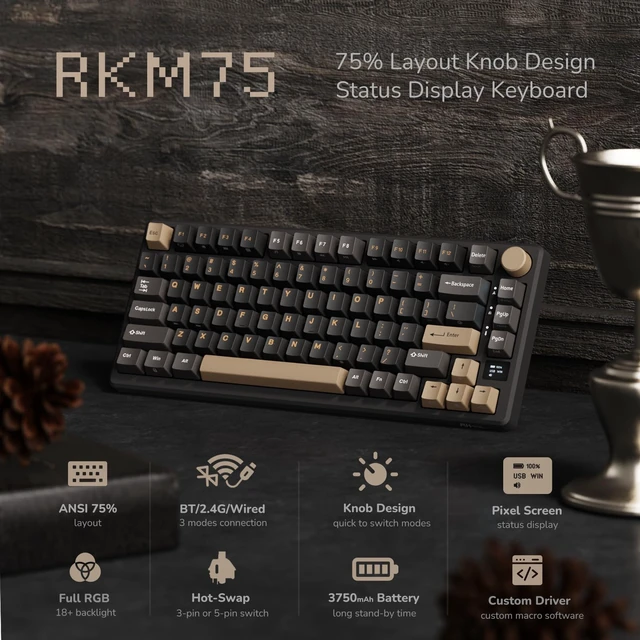 Alt view image 2 of 7 - RK ROYAL KLUDGE M75 Wireless Mechanical Keyboard 2.4Ghz/BT5.1/USB-C Gaming Keyboard 75% Layout 81 Keys Gasket Mount with OLED Display & Knob RGB Backlight Hot-Swappable Light Switch, Grey