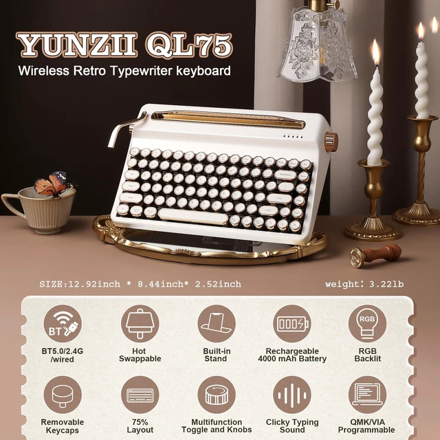 Alt view image 2 of 7 - YUNZII QL75 Retro Typewriter Hot Swap RGB Keyboard (White, Onyx Switch) | With Built-in Stand,Punk Round Keycaps,QMK/VIA Programmable,RGB for Multi-Device Keyboard with 2.4GHz/Type-C/BT5.0