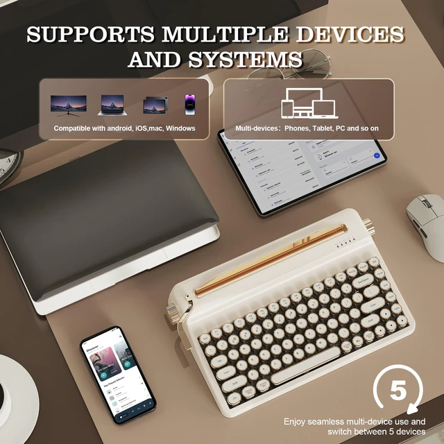 Alt view image 5 of 7 - YUNZII QL75 Retro Typewriter Hot Swap RGB Keyboard (White, Onyx Switch) | With Built-in Stand,Punk Round Keycaps,QMK/VIA Programmable,RGB for Multi-Device Keyboard with 2.4GHz/Type-C/BT5.0