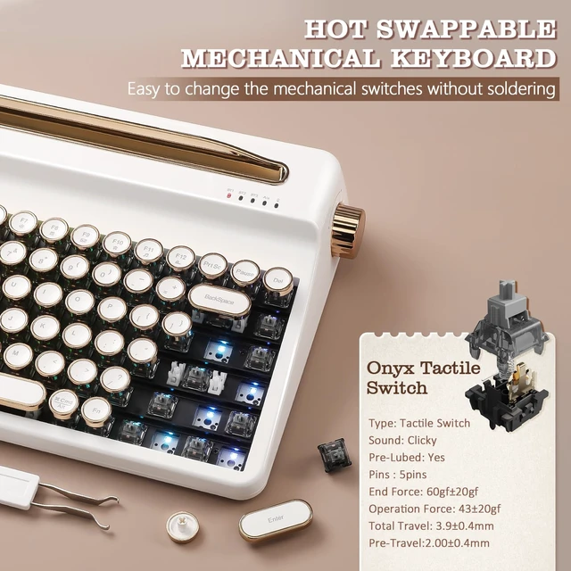 Alt view image 6 of 7 - YUNZII QL75 Retro Typewriter Hot Swap RGB Keyboard (White, Onyx Switch) | With Built-in Stand,Punk Round Keycaps,QMK/VIA Programmable,RGB for Multi-Device Keyboard with 2.4GHz/Type-C/BT5.0