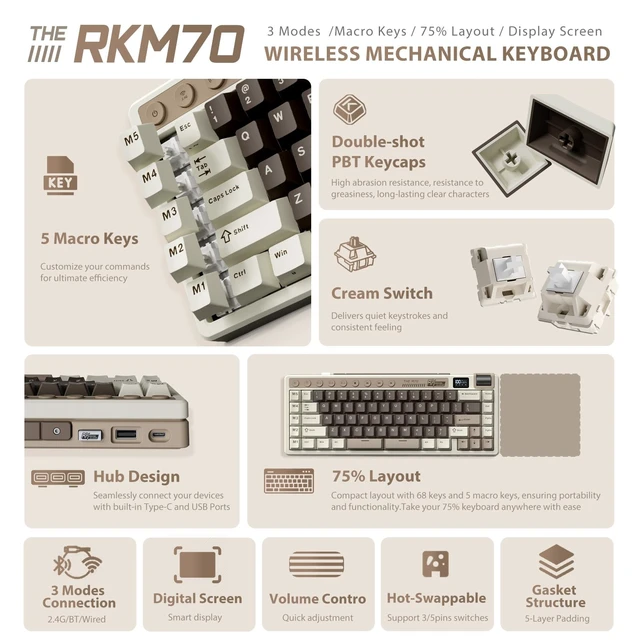 Alt view image 2 of 7 - RK ROYAL KLUDGE M70 Wireless Mechanical Keyboard with Display/Macro Keys | Massive 6000mAh Creamy Gaming Keyboard w/Macro Keys/Digital Screen/Knob, Hot Swappable 75% Wireless Keyboard BT/2.4G/USB-C