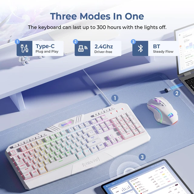 Alt view image 2 of 7 - Redragon S101M-WS Gaming Keyboard and Mouse Wireless with 3-Mode (White) | RGB Keyboard and Mouse Wireless, 5000 DPI Gaming Mouse, Supports Software Driver, 10 Independent Multimedia Keys for PC