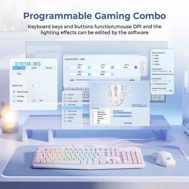 Alt view image 4 of 7 - Redragon S101M-WS Gaming Keyboard and Mouse Wireless with 3-Mode (White) | RGB Keyboard and Mouse Wireless, 5000 DPI Gaming Mouse, Supports Software Driver, 10 Independent Multimedia Keys for PC