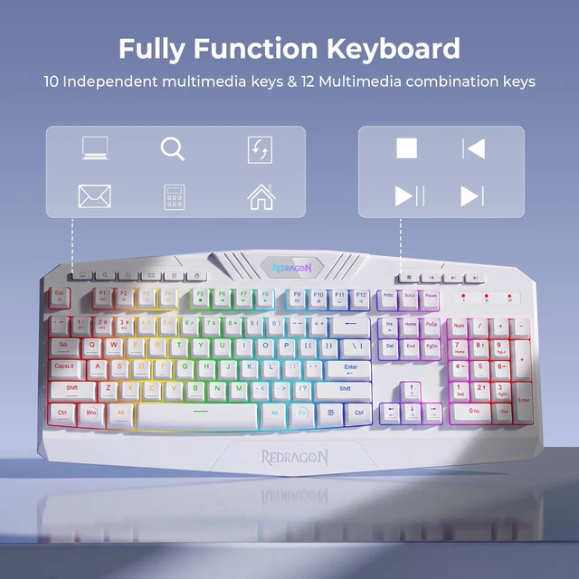 Alt view image 5 of 7 - Redragon S101M-WS Gaming Keyboard and Mouse Wireless with 3-Mode (White) | RGB Keyboard and Mouse Wireless, 5000 DPI Gaming Mouse, Supports Software Driver, 10 Independent Multimedia Keys for PC