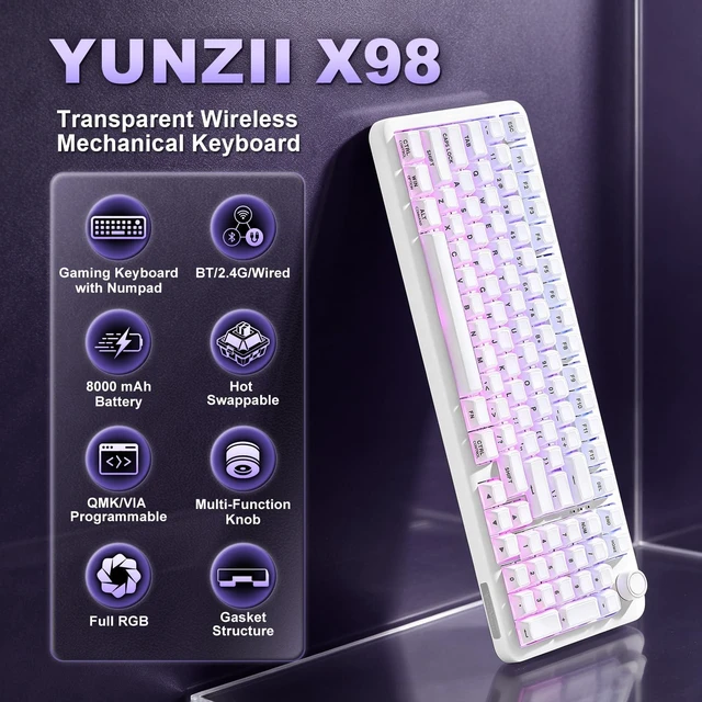 Alt view image 2 of 7 - YUNZII X98 96% Wireless Hot Swap Keyboard with Knob (Milky White, Snow) | BT5.0/USB-C/2.4G, RGB Gasket Mount, QMK/VIA Programmable, Jelly keycaps for vivid look