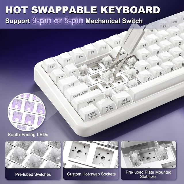 Alt view image 5 of 7 - YUNZII X98 96% Wireless Hot Swap Keyboard with Knob (Milky White, Snow) | BT5.0/USB-C/2.4G, RGB Gasket Mount, QMK/VIA Programmable, Jelly keycaps for vivid look