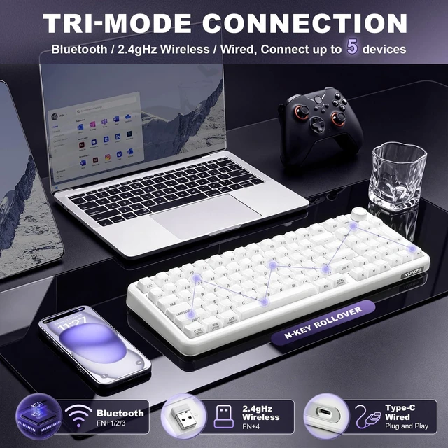 Alt view image 3 of 7 - YUNZII X98 96% Wireless Hot Swap Keyboard with Knob (Milky White, Snow) | BT5.0/USB-C/2.4G, RGB Gasket Mount, QMK/VIA Programmable, Jelly keycaps for vivid look
