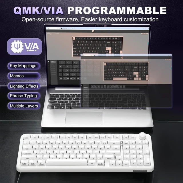 Alt view image 6 of 7 - YUNZII X98 96% Wireless Hot Swap Keyboard with Knob (Milky White, Snow) | BT5.0/USB-C/2.4G, RGB Gasket Mount, QMK/VIA Programmable, Jelly keycaps for vivid look