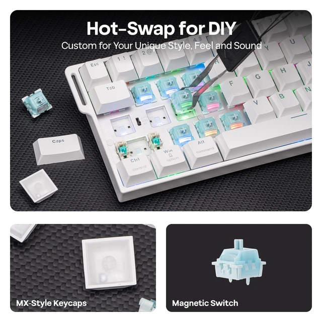 Alt view image 6 of 7 - EPOMAKER HE60 Hall Effect Keyboard with Shine Through RGB, 8000mAh (White) | 0.005mm Rapid Triggering, Dual 8K Polling, 2.4G/BT/Wired, SOCD, Snap Key, PBT Keycaps, Mac/WIN Compatible, Thocky & Creamy