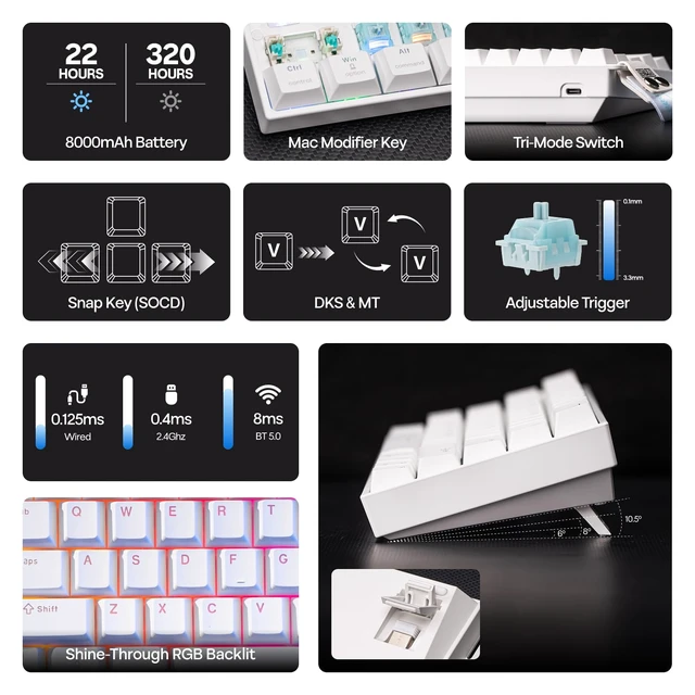 Alt view image 2 of 7 - EPOMAKER HE60 Hall Effect Keyboard with Shine Through RGB, 8000mAh (White) | 0.005mm Rapid Triggering, Dual 8K Polling, 2.4G/BT/Wired, SOCD, Snap Key, PBT Keycaps, Mac/WIN Compatible, Thocky & Creamy