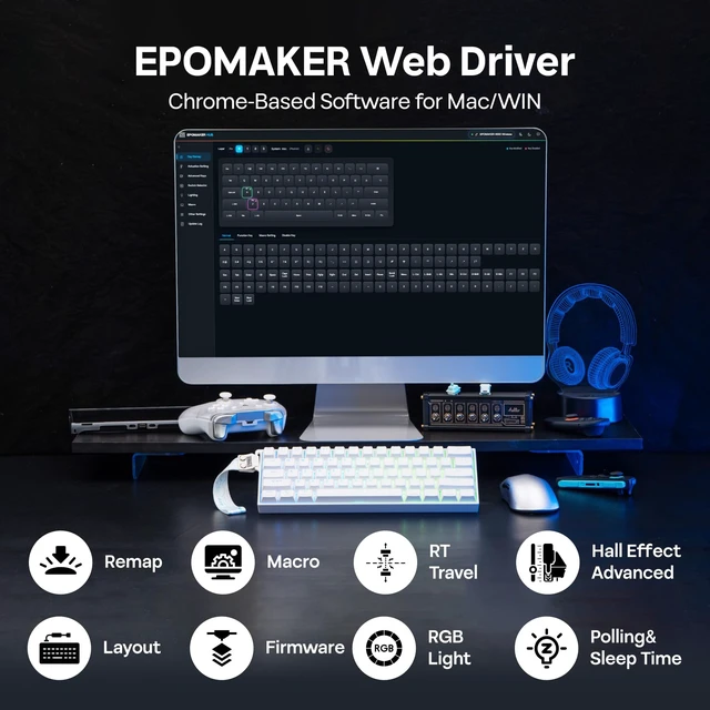 Alt view image 5 of 7 - EPOMAKER HE60 Hall Effect Keyboard with Shine Through RGB, 8000mAh (White) | 0.005mm Rapid Triggering, Dual 8K Polling, 2.4G/BT/Wired, SOCD, Snap Key, PBT Keycaps, Mac/WIN Compatible, Thocky & Creamy