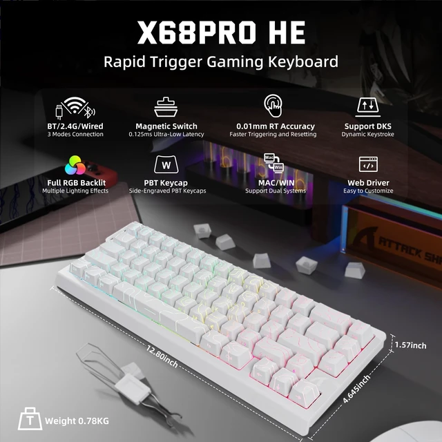 Alt view image 2 of 7 - ATTACK SHARK X68 PRO HE Wireless Rapid Trigger Gaming Keyboard with Adjustable Actuation,8K Polling Rate,Hall Effect Magnetic Switch,Hot-Swap,RGB Backlit,BT/2.4GHz/Wired,for FPS Games-White