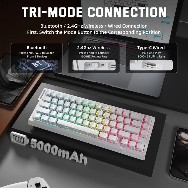 Alt view image 4 of 7 - ATTACK SHARK X68 PRO HE Wireless Rapid Trigger Gaming Keyboard with Adjustable Actuation,8K Polling Rate,Hall Effect Magnetic Switch,Hot-Swap,RGB Backlit,BT/2.4GHz/Wired,for FPS Games-White