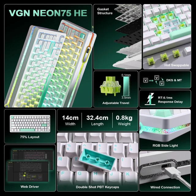 Alt view image 2 of 7 - VGN Neon75 HE Mechanical Gaming Keyboard,8K Polling,Rapid Trigger-White | 75% Wired Hall Effect Keyboard, 0.01mm RT, 0.005mm Adjustable Actuation (Rapid Tap/SOCD), Hot-Swappable for PC Mac Gamer