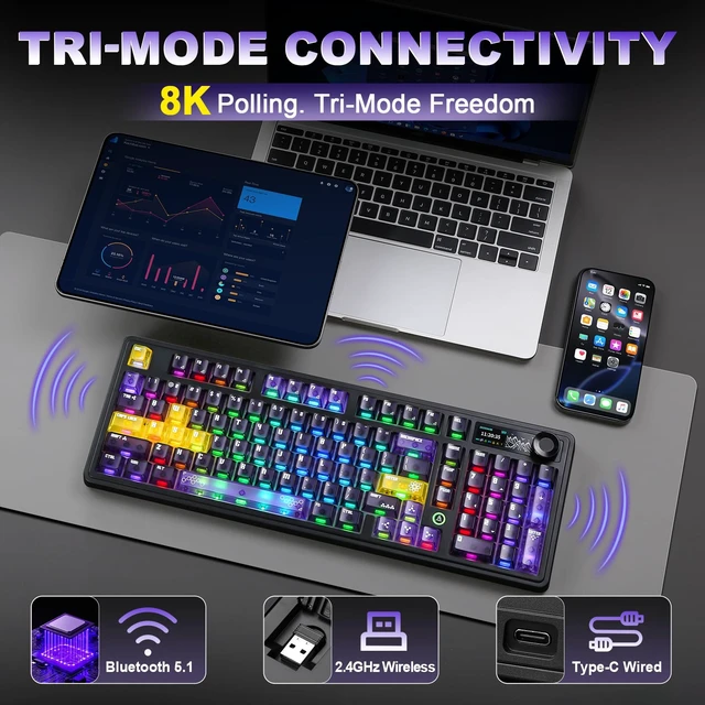 Alt view image 3 of 7 - AJAZZ AK980 Pro Dual 8K Wireless Gaming Keyboard(Purple,Lychee Switch) | 10000mAh Battery,Wireless Mechanical Keyboard with TFT Screen & Metal Knob,Hot Swappable Creamy Computer Keyboard,for Win/Mac