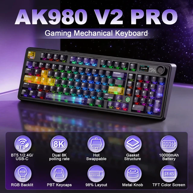 Alt view image 2 of 7 - AJAZZ AK980 Pro Dual 8K Wireless Gaming Keyboard(Purple,Lychee Switch) | 10000mAh Battery,Wireless Mechanical Keyboard with TFT Screen & Metal Knob,Hot Swappable Creamy Computer Keyboard,for Win/Mac