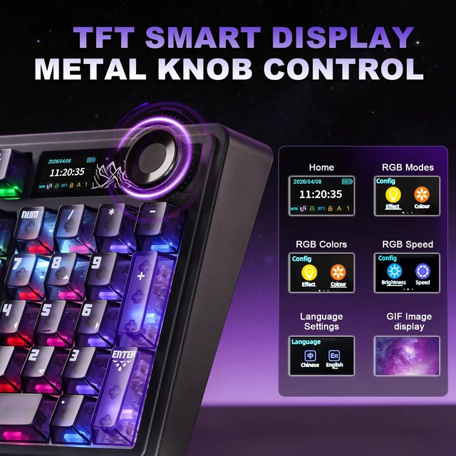 Alt view image 6 of 7 - AJAZZ AK980 Pro Dual 8K Wireless Gaming Keyboard(Purple,Lychee Switch) | 10000mAh Battery,Wireless Mechanical Keyboard with TFT Screen & Metal Knob,Hot Swappable Creamy Computer Keyboard,for Win/Mac