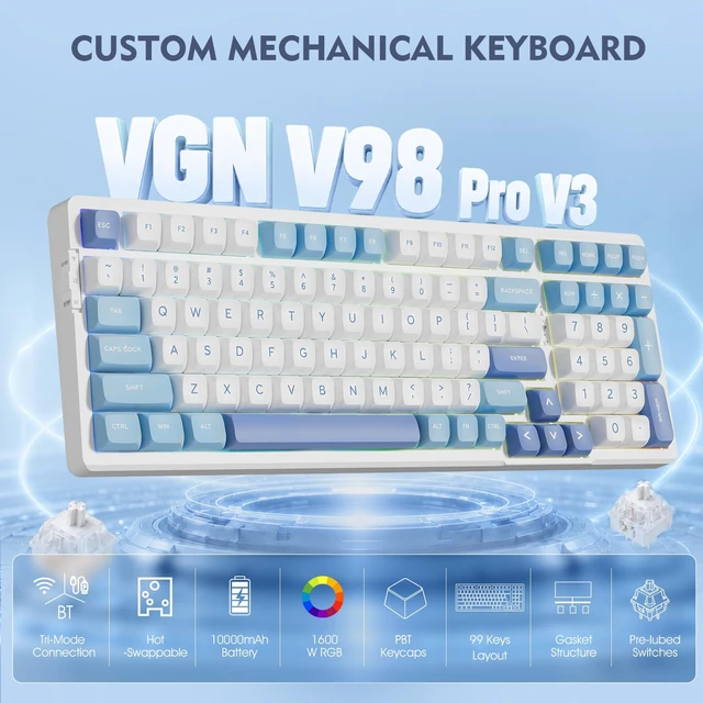 Alt view image 2 of 7 - VGN V98ProV3 Wireless Mechanical Gaming Keyboard with Hot-Swap RGB Backlit | Tri-Mode BT/USB-C/2.4G Connection, Custom Gasket Structure Keyboard for Win Mac PC Laptop, Pre-lubed Ice Cream Switch, Blue