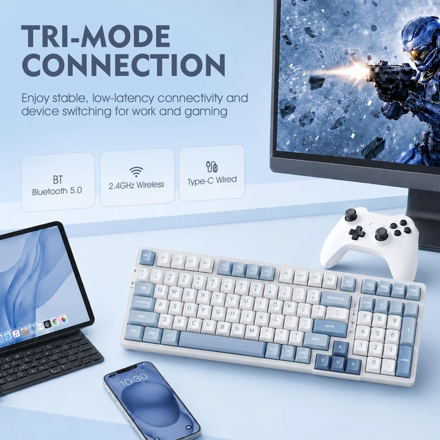 Alt view image 3 of 7 - VGN V98ProV3 Wireless Mechanical Gaming Keyboard with Hot-Swap RGB Backlit | Tri-Mode BT/USB-C/2.4G Connection, Custom Gasket Structure Keyboard for Win Mac PC Laptop, Pre-lubed Ice Cream Switch, Blue