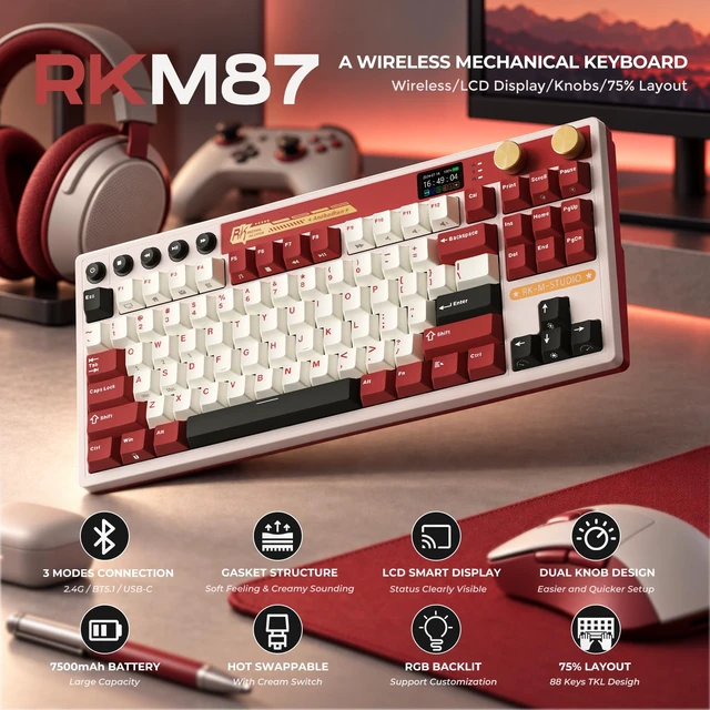 Alt view image 2 of 7 - RK ROYAL KLUDGE M87 Wireless Gaming Keyboard with Screen&Dual Knobs, Red | Bluetooth/2.4G/Wired, Hot Swappable Cream Switch, RGB Compact 75% Layout Keyboard with 400h Battery Life for PC/WIN/Mac, Red