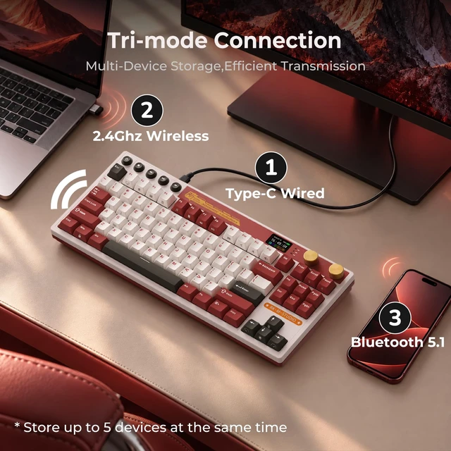 Alt view image 3 of 7 - RK ROYAL KLUDGE M87 Wireless Gaming Keyboard with Screen&Dual Knobs, Red | Bluetooth/2.4G/Wired, Hot Swappable Cream Switch, RGB Compact 75% Layout Keyboard with 400h Battery Life for PC/WIN/Mac, Red