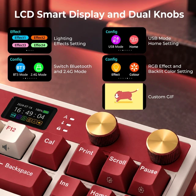 Alt view image 5 of 7 - RK ROYAL KLUDGE M87 Wireless Gaming Keyboard with Screen&Dual Knobs, Red | Bluetooth/2.4G/Wired, Hot Swappable Cream Switch, RGB Compact 75% Layout Keyboard with 400h Battery Life for PC/WIN/Mac, Red
